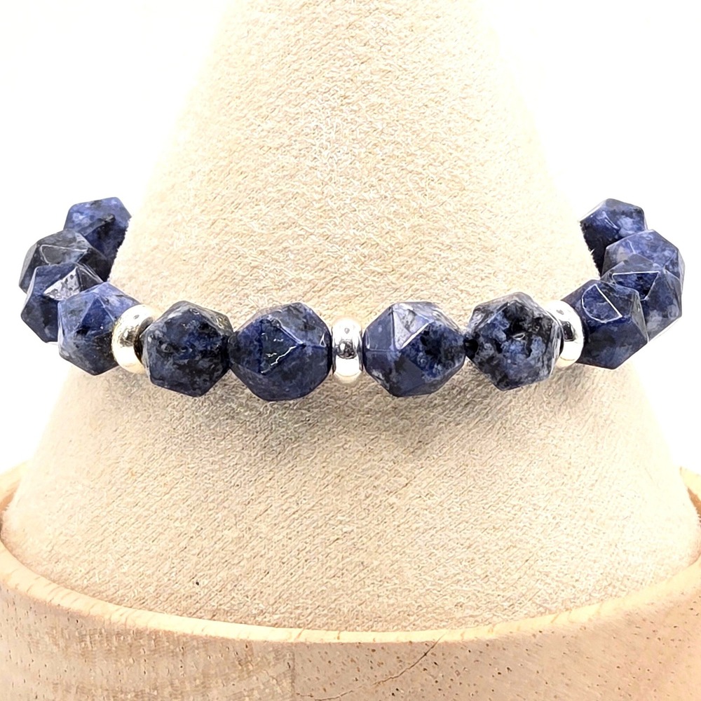 Blue Sodalite 10mm Faceted Bead Adjustable Toggle‎ Bracelet Silver Tone